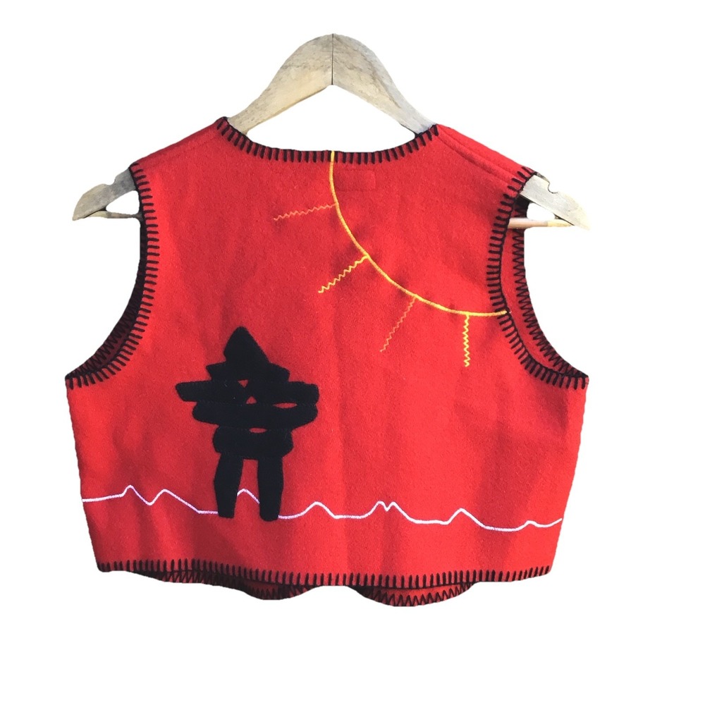 Vintage Ivalu Kids Red Fleece Vest Inuit Inukshuk Art Blanket Southwestern Aztec